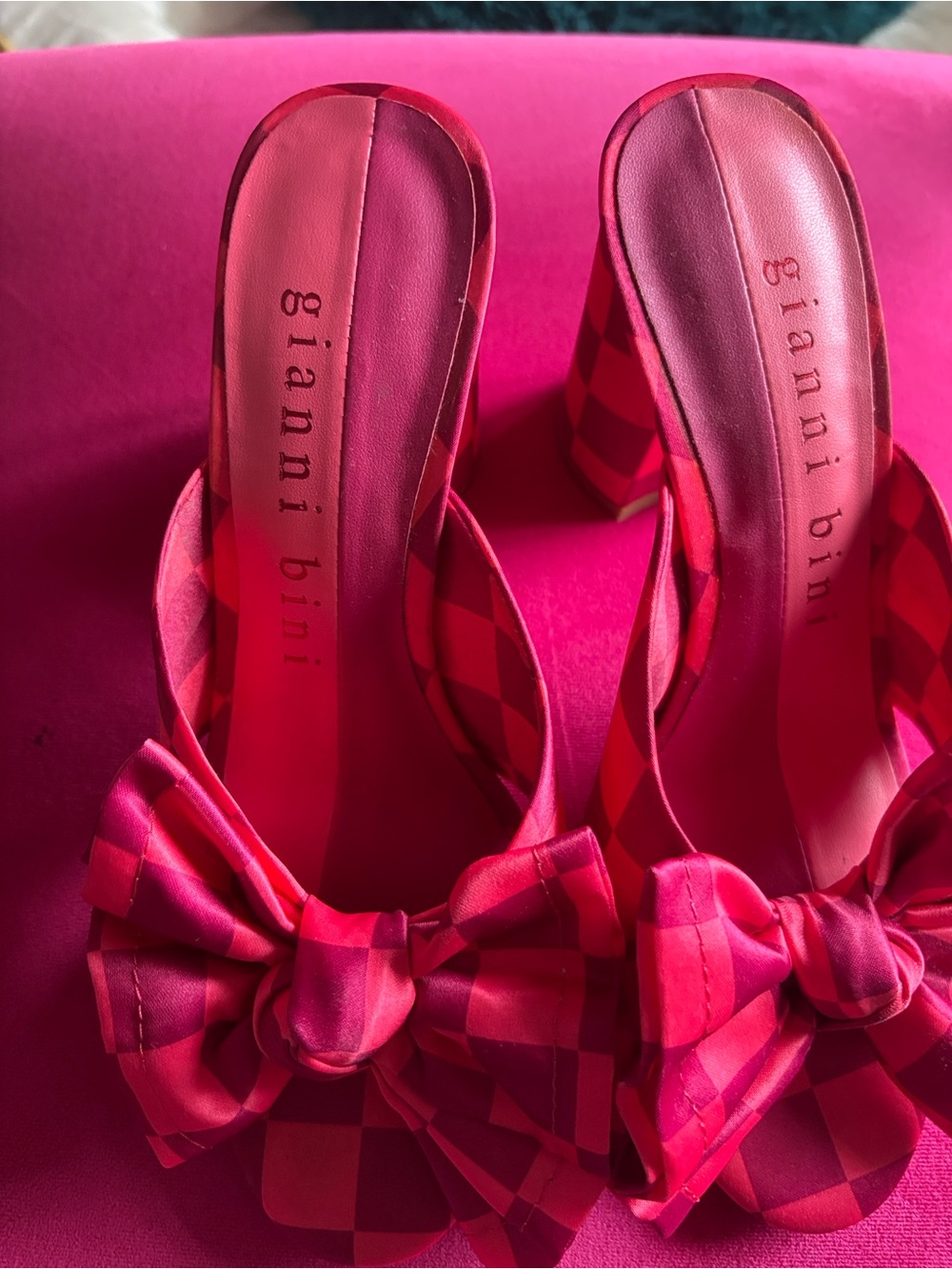 Gianni Bini Hot Pink Satin Bow Block Heel Mules